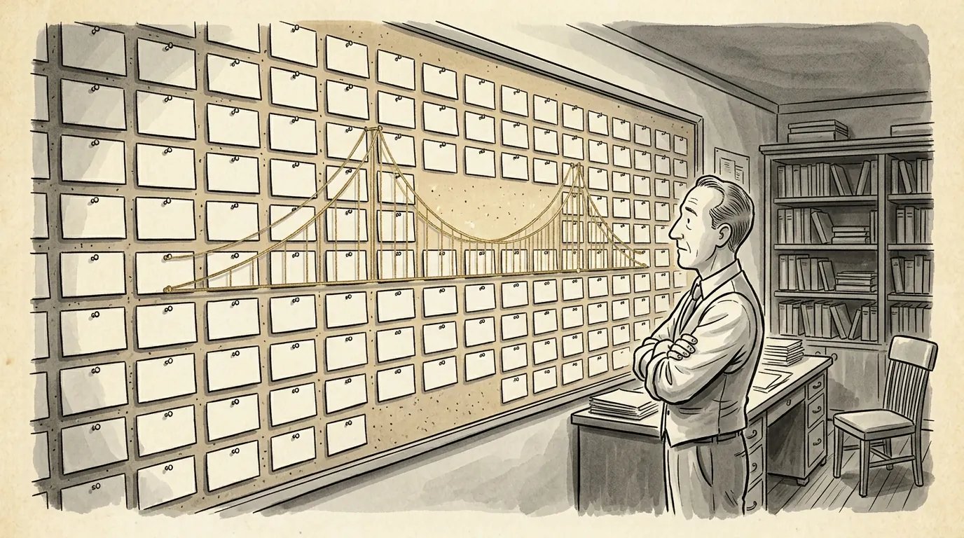 A writer studies a wall of index cards with a gold thread strung across them like a bridge