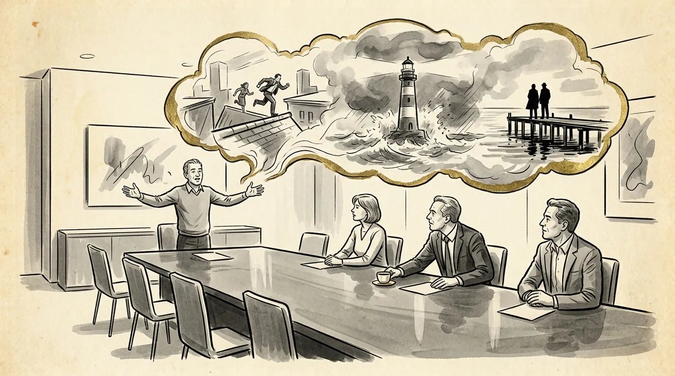 A writer pitches to three executives at a conference table as a thought bubble shows a lighthouse, a storm and a chase