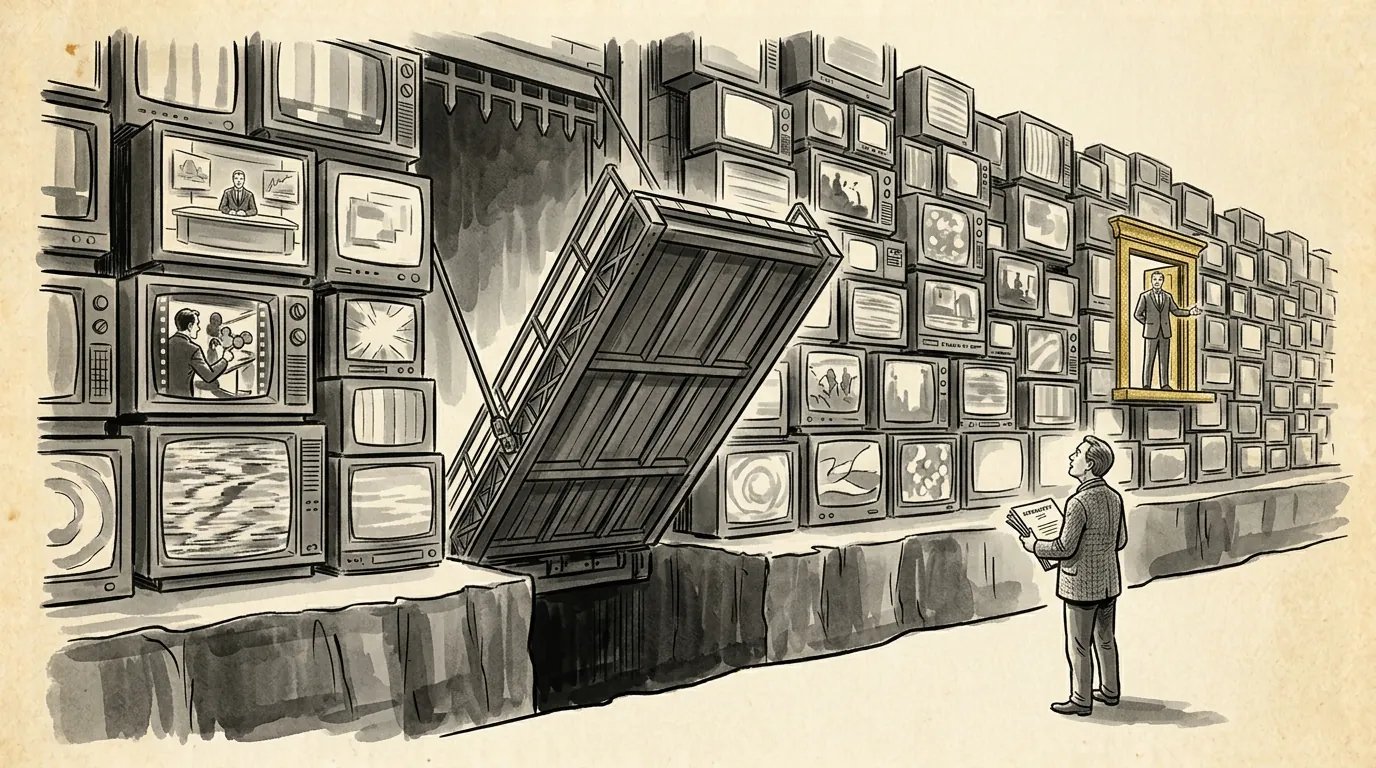 A writer holding pages stands before a towering wall of screens with a closed trapdoor, one small framed figure lit in gold