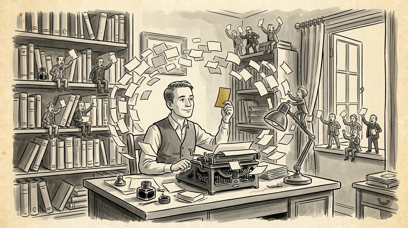 A writer at a typewriter holds up one gold card while a storm of paper notes and tiny critics swirl around the room