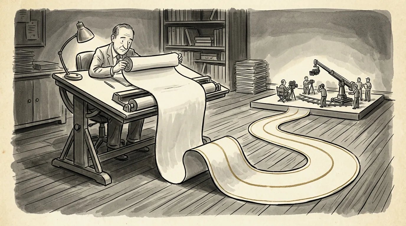 A writer at a drafting table unrolls a long scroll that winds across the floor toward a tiny film set with a crane and crew