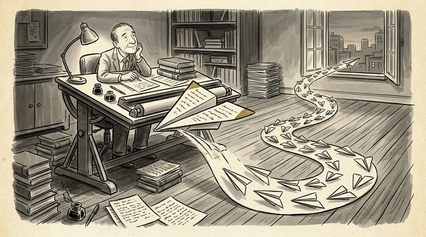 A writer at a desk launches a paper airplane that leads a long trail of paper airplanes out the window