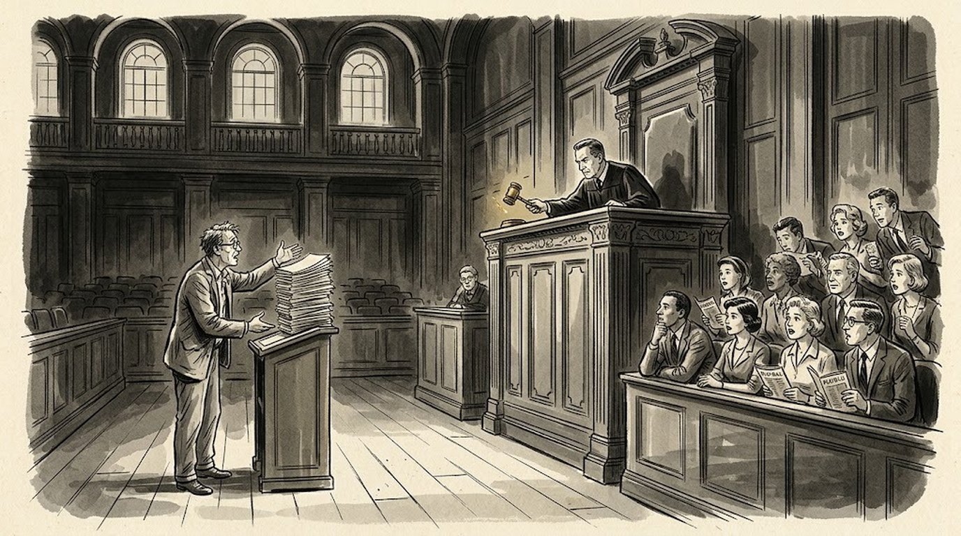 A rumpled playwright presents a thick stack of manuscript pages in a courtroom as the judge raises a gold gavel and a theater audience watches from the jury box