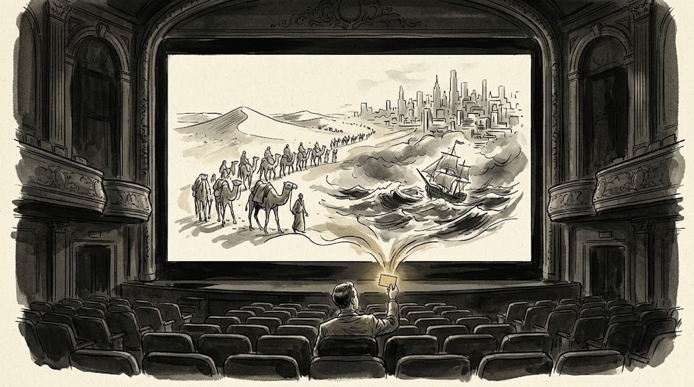 A writer in the front row of an old movie theater holds up a small glowing gold index card while the giant screen behind it shows a sweeping epic