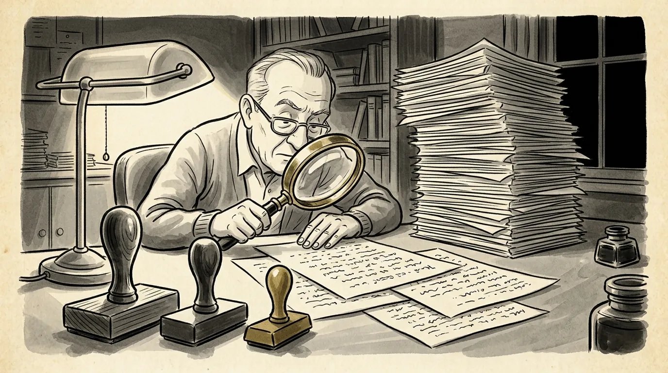 An older reader with a magnifying glass studies handwritten pages beside rubber stamps and a tall stack of scripts