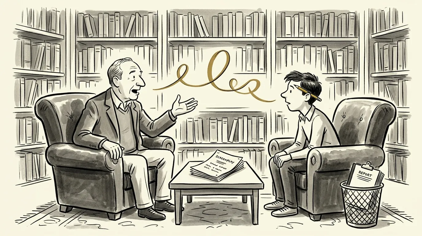 A mentor and a young writer talk over a screenplay in armchairs while a written report sits in the wastebasket