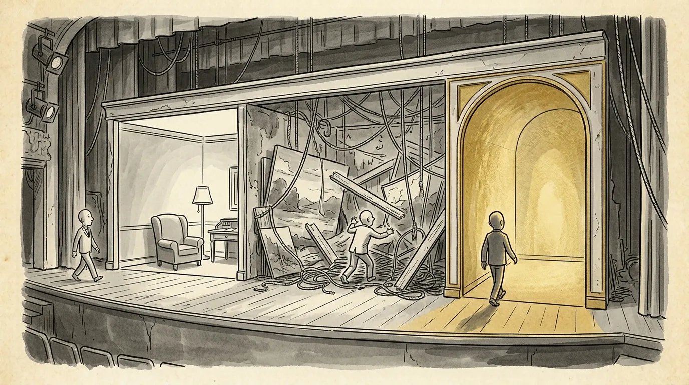 A figure walks through three stage sets in sequence, from a quiet living room through a collapsed middle set to a glowing gold doorway