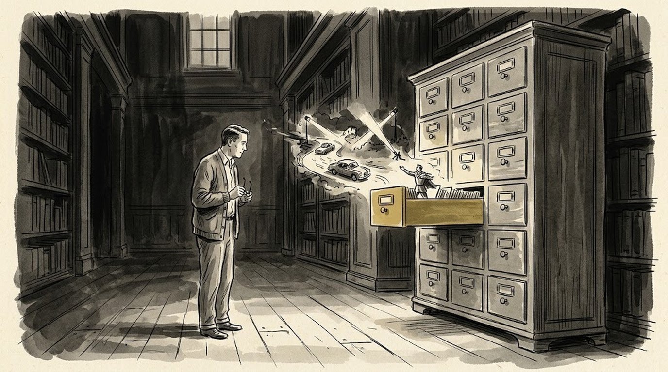 A writer in a cardigan studies a towering library card catalog as one open gold drawer spills out a tiny car chase and spotlights